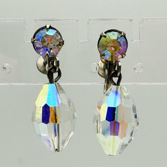 Vintage Mid Century AB Earrings Screw Back Drop Dangle Bling Sparkly Wedding - Picture 5 of 7